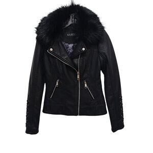 GUESS Moto Jacket Faux Leather Mink Fur Corset Laced XS Black Designer Assymetri